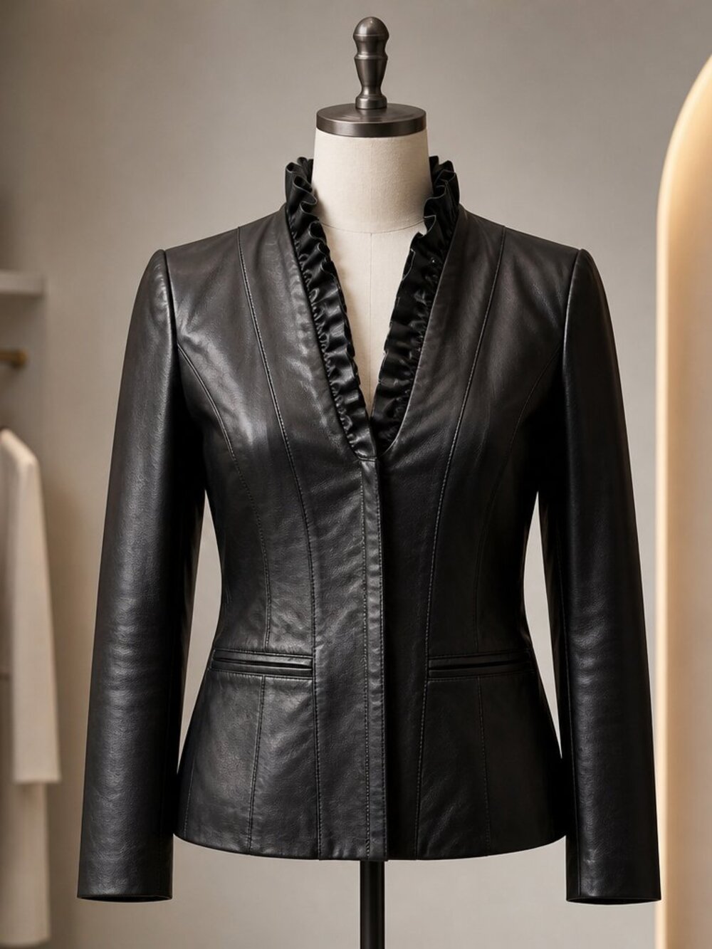 Neiman Marcus Exclusive Genuine Leather Ruffle Trim Jacket – Women’s L – Rare